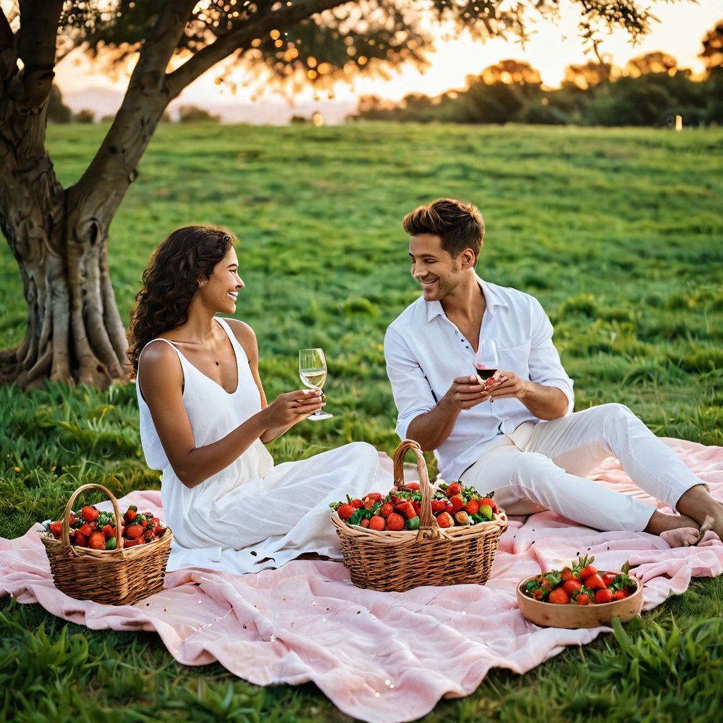 A cozy outdoor setting with a charming picnic blanket spread on lush green grass, adorned with a basket filled with gourmet snacks and a bottle of wine. A couple is sharing a romantic moment, laughing and feeding each other strawberries under twinkling fairy lights hung from nearby trees, with a beautiful sunset in the background. Soft pastel colors enhance the dreamy atmosphere. vibrant colors. super-realistic.