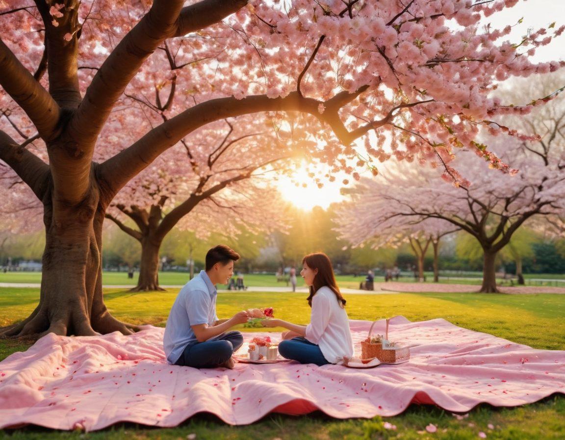 A romantic park scene featuring an Asian couple sharing a picnic under cherry blossom trees, surrounded by soft pink petals. Nearby, a quaint picnic setup with heart-shaped snacks and warm drinks on a checkered blanket, evoking a cozy atmosphere. The sun sets in the background, casting a golden hue, adding to the charm and warmth of the moment. Artistic touch of whimsical hearts floating around. super-realistic. vibrant colors. 3D.