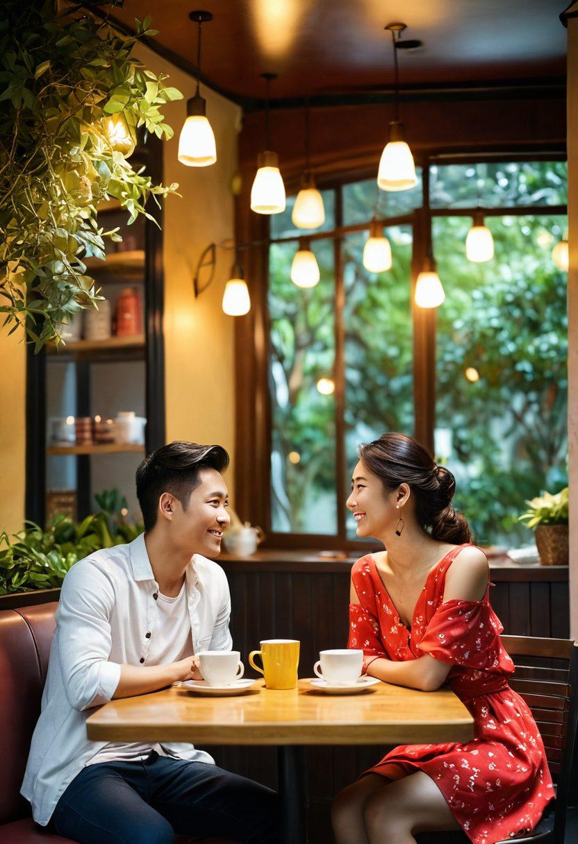 A warm and inviting scene depicting a diverse group of young Asian couples on a romantic date, sharing laughter over coffee in a cozy café, surrounded by soft lights and greenery. Include elements of playful flirting, like subtle glances and playful touches, with a backdrop of traditional Asian motifs subtly integrated into modern decor. The atmosphere should radiate warmth and affection, inviting viewers into the world of sweet connections. vibrant colors. super-realistic.